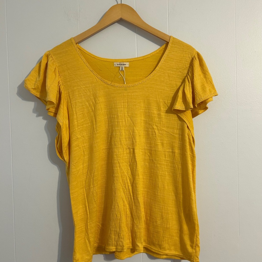 Max Studio Sunshine Yellow Ruffle Flutter Sleeve Textured Knit Top 2702S77 L